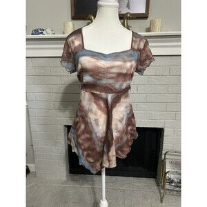 Vintage Cha Cha Vente Womens Y2K Sheer Asymmetric Fairy Top Sz L Blue Brown Mesh